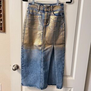 Gold and Blue Denim Pencil Skirt by Dona Hortênsia